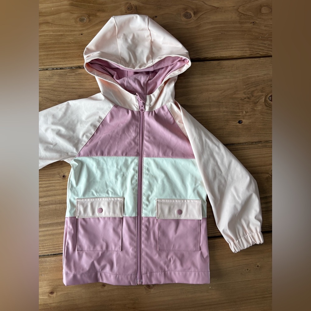 Pink Colorblock Hooded Rain Jacket